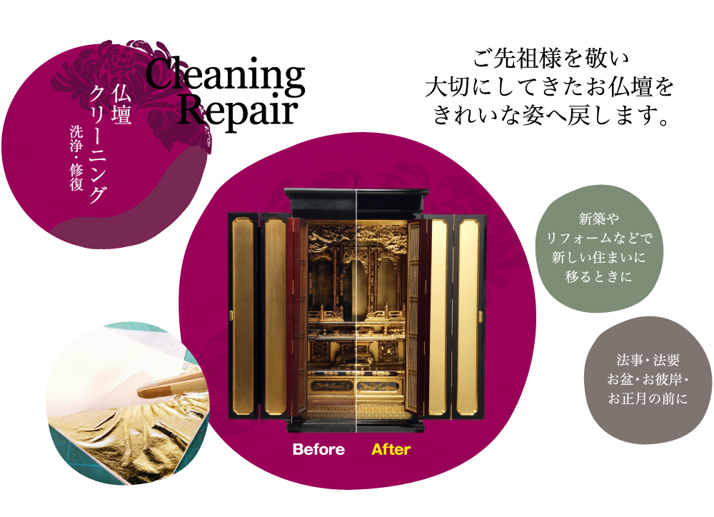洗浄・修復仏壇クリーニング Cleaning Repair ご先祖様を敬い大切にしてきたお仏壇をきれいな姿へ戻します。